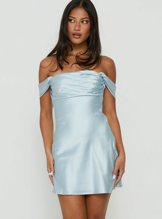 Noblessine Satin Off The Shoulder Mini Dress Blue