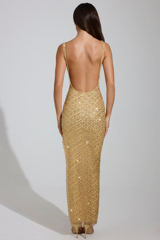 Noblessine Scoop-Neck Thigh-Split Maxi Dress in Gold
