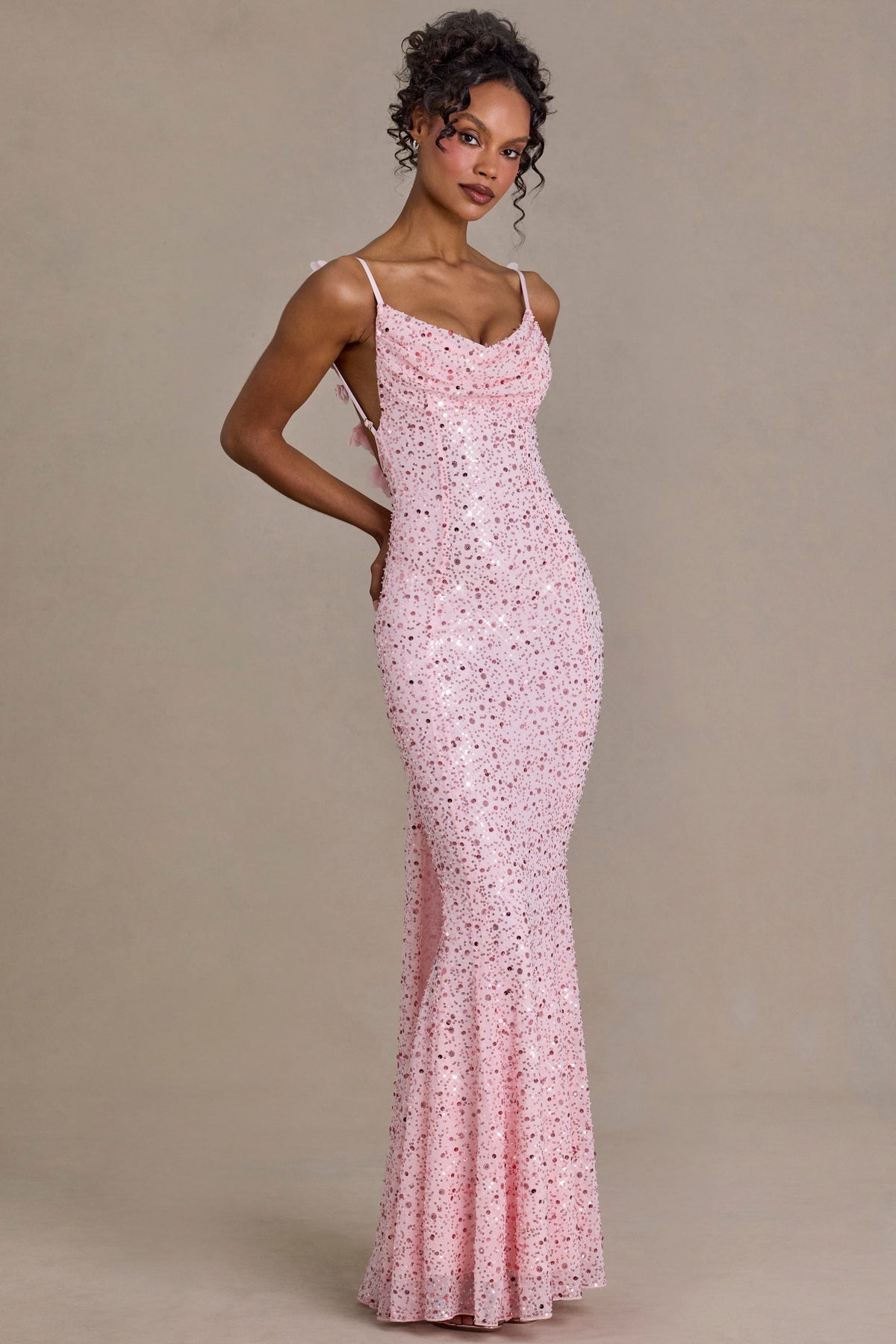 Noblessine Open-Back Maxi Dress in Baby Pink