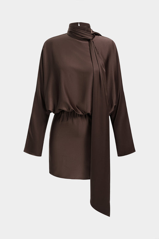 Noblessine Satin Asymmetrical Tie-Up Long Sleeve Mini Dress
