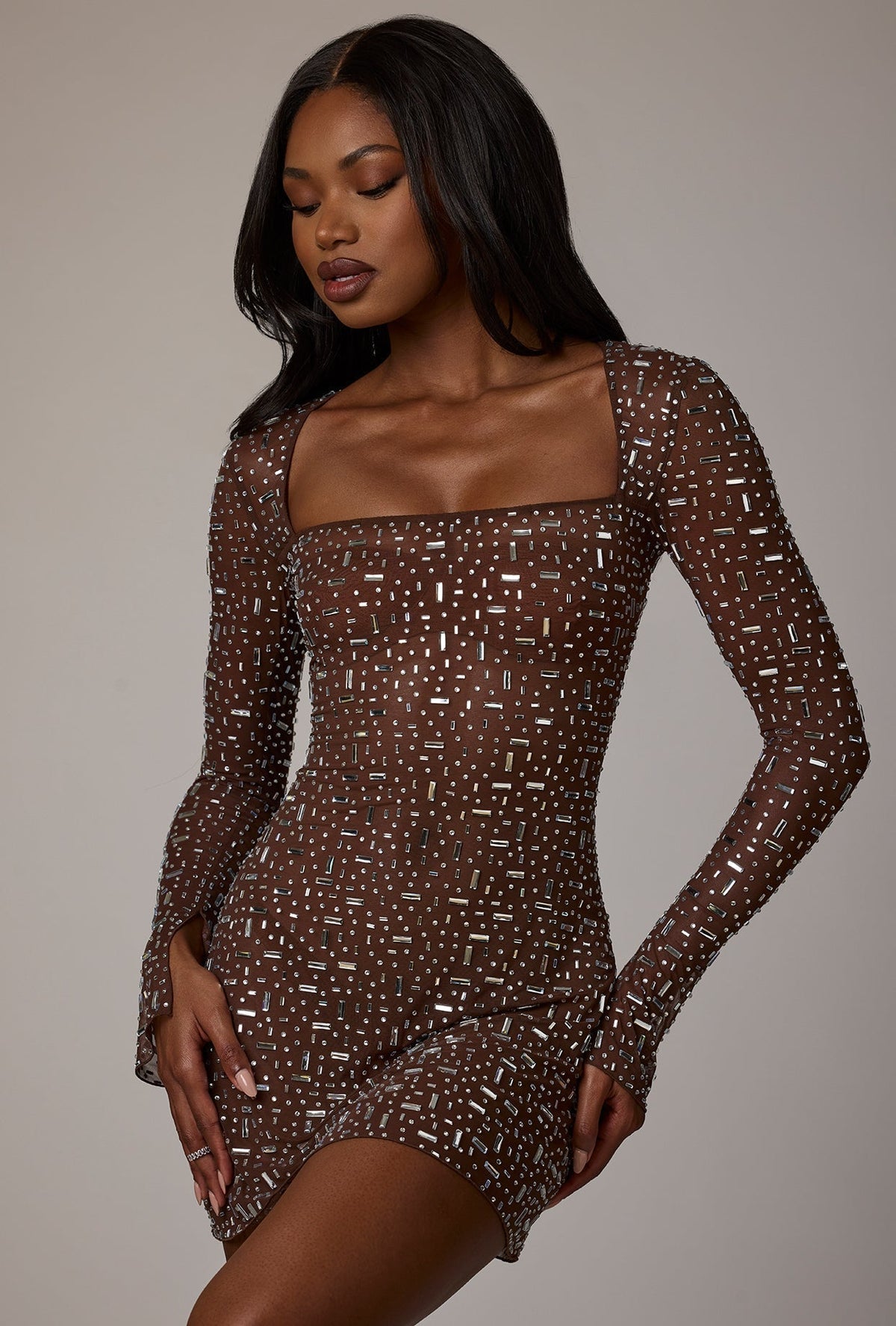 Sheer Noblessine Long Sleeve A-Line Mini Dress in Deep Cocoa