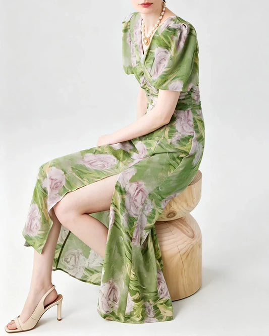 Noblessine Silk Floral V-Neck Puff Sleeve Midi Dress