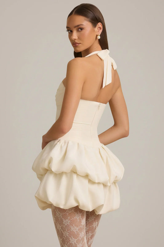 Noblessine Halterneck Layered Bubble Hem Corset Mini Dress in Ivory