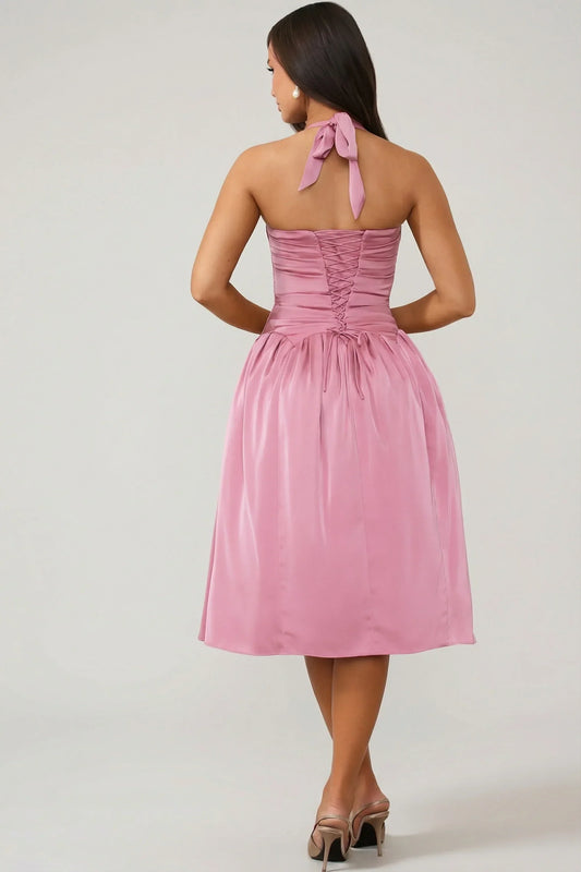 Noblessine Halterneck Lace-Up Ruched Corset Midi Dress in Mauve