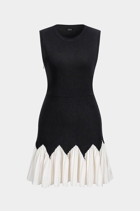 Noblessine Knit Round Neck Contrast Ruched Hem Sleeveless Mini Dress