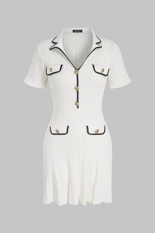 Noblessine Knit Contrast Trim Metallic Button Short Sleeve Mini Dress