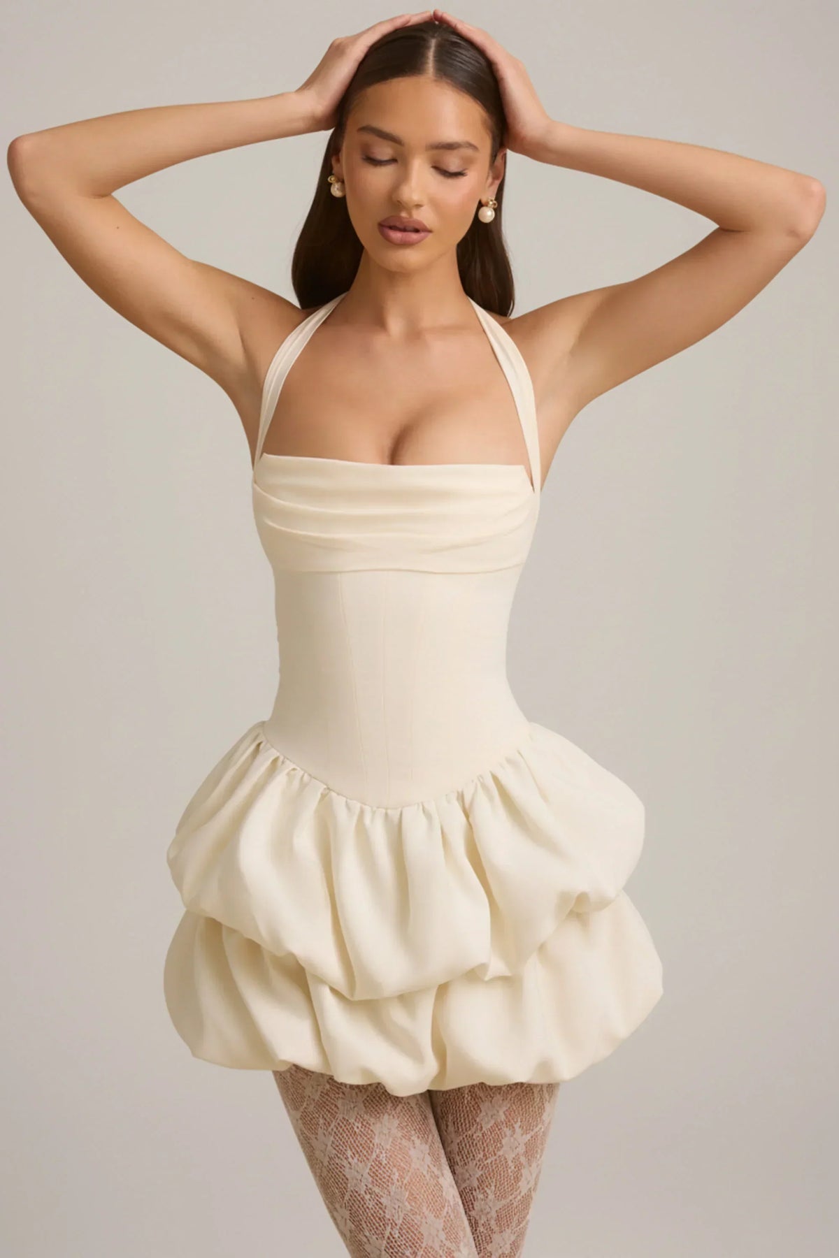 Noblessine Halterneck Layered Bubble Hem Corset Mini Dress in Ivory