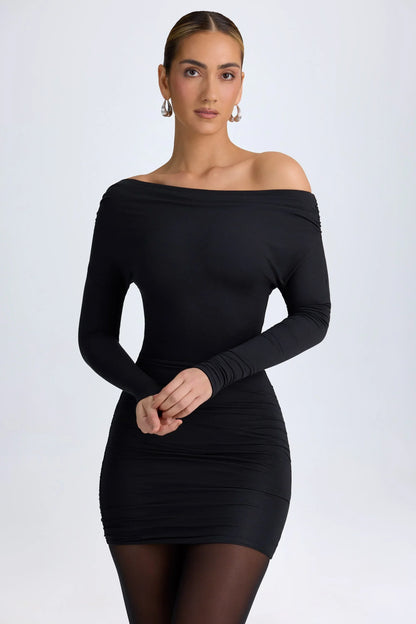 Noblessine Modal Off-Shoulder Ruched Mini Dress in Black