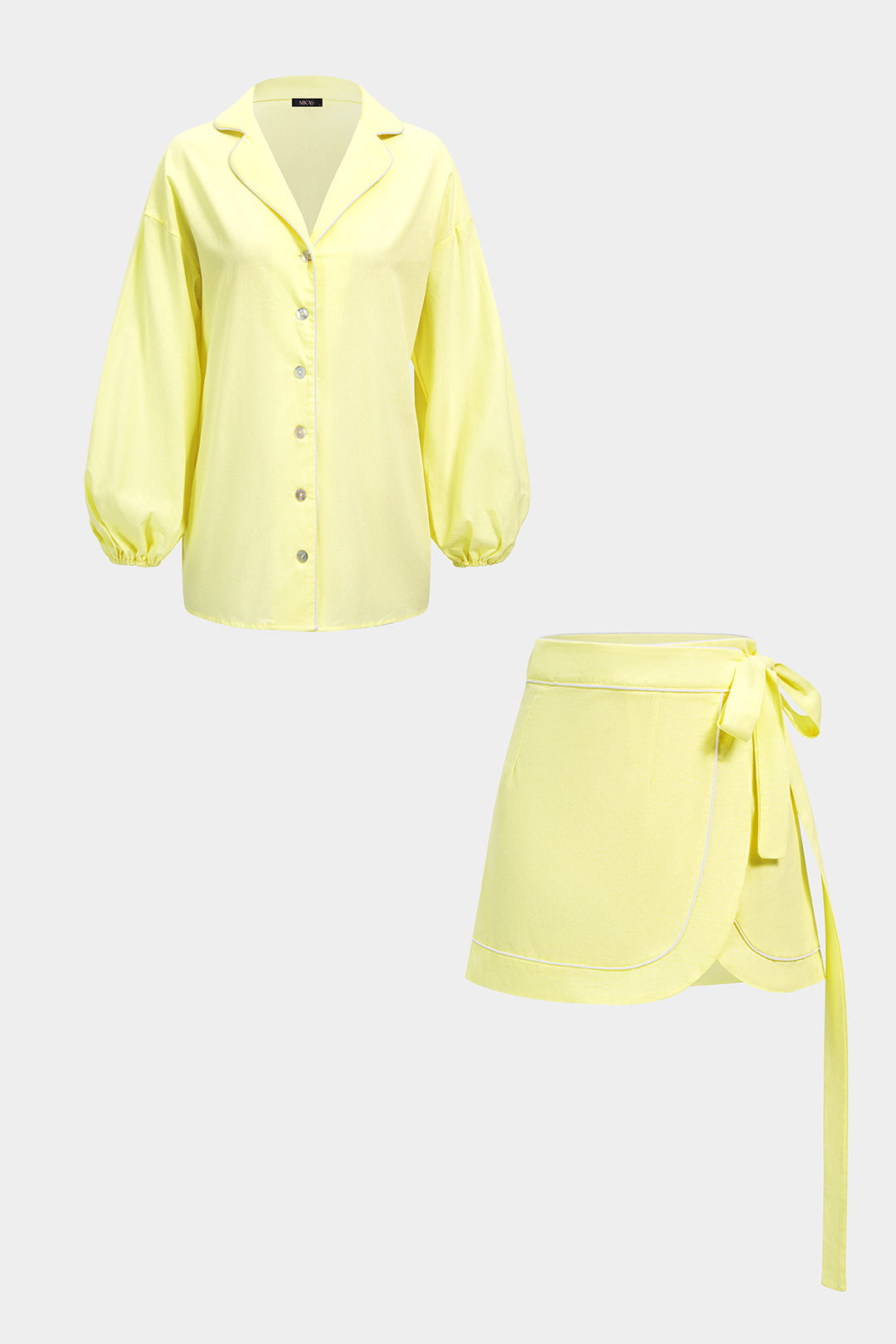 Noblessine Notched Lapel Long Sleeve Shirt And Tie-Up Mini Skirt Set