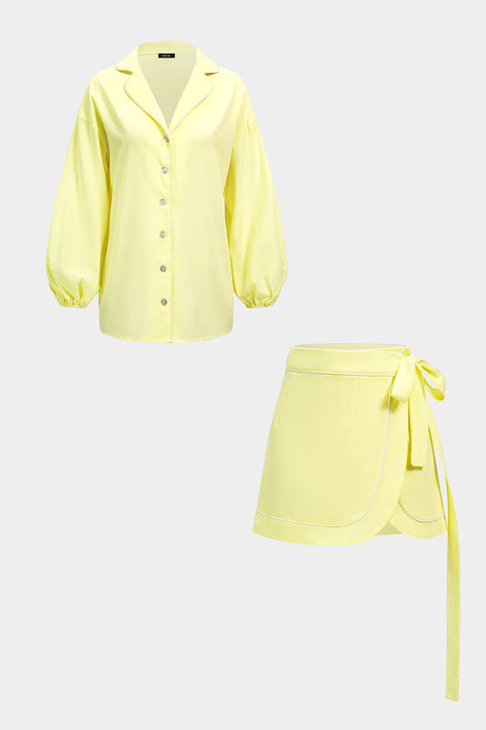 Noblessine Notched Lapel Long Sleeve Shirt And Tie-Up Mini Skirt Set