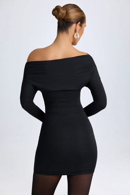 Noblessine Modal Off-Shoulder Ruched Mini Dress in Black