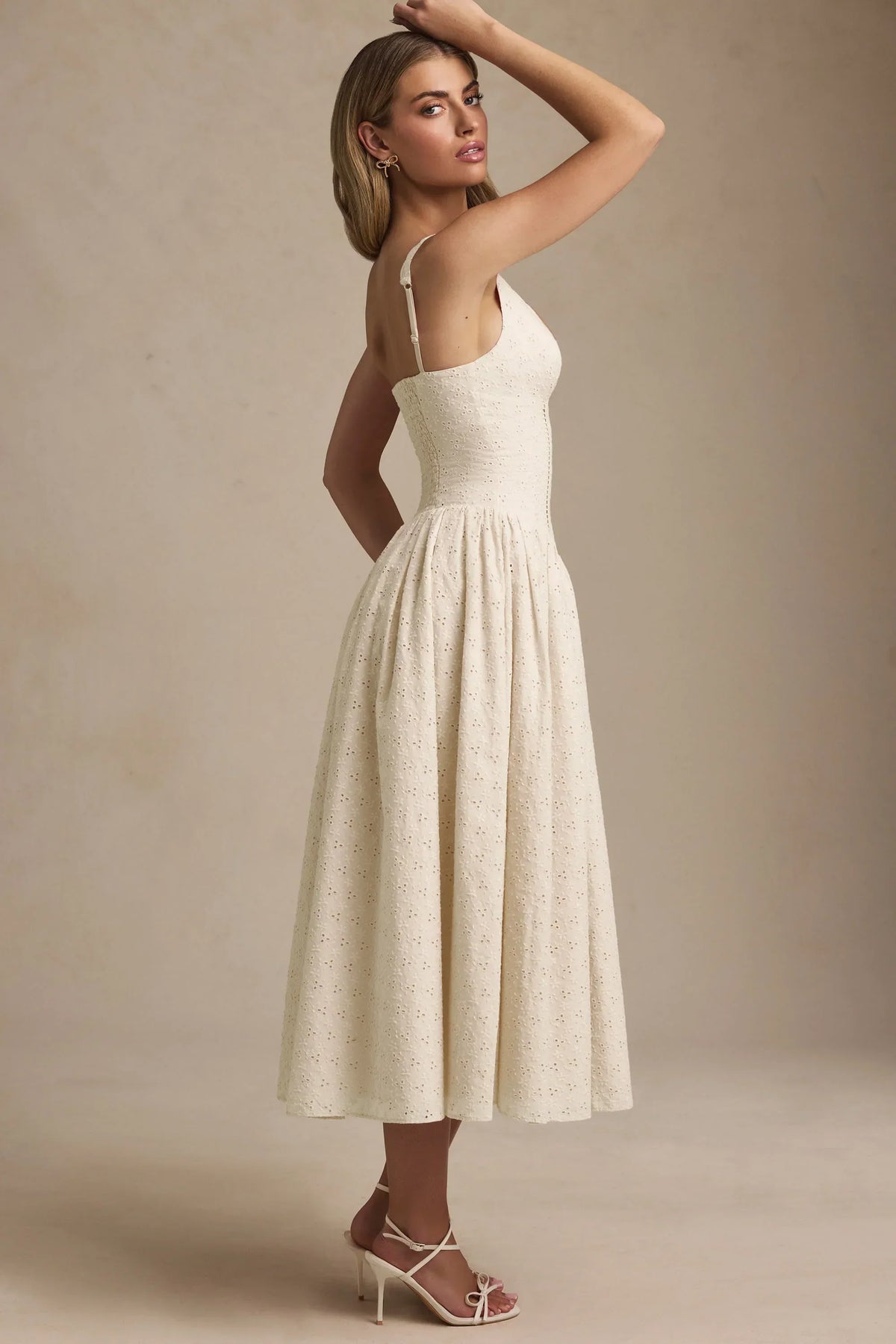 Noblessine Broderie Anglaise Bow-Detail A-Line Midaxi Dress in Ivory