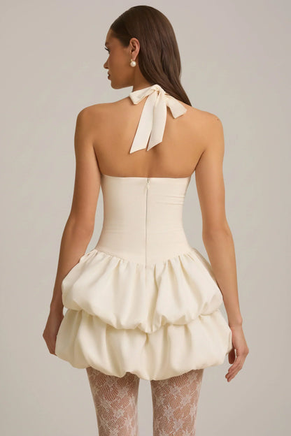 Noblessine Halterneck Layered Bubble Hem Corset Mini Dress in Ivory