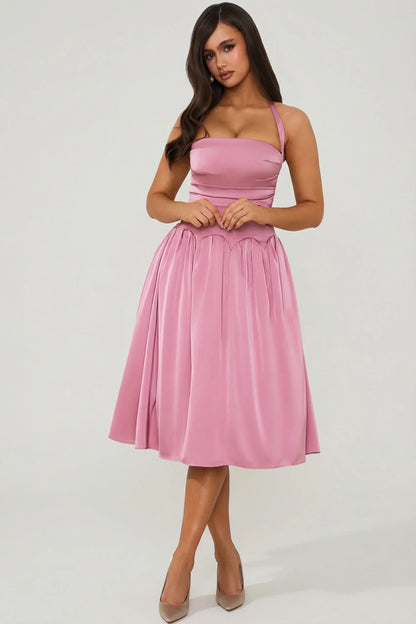 Noblessine Halterneck Lace-Up Ruched Corset Midi Dress in Mauve