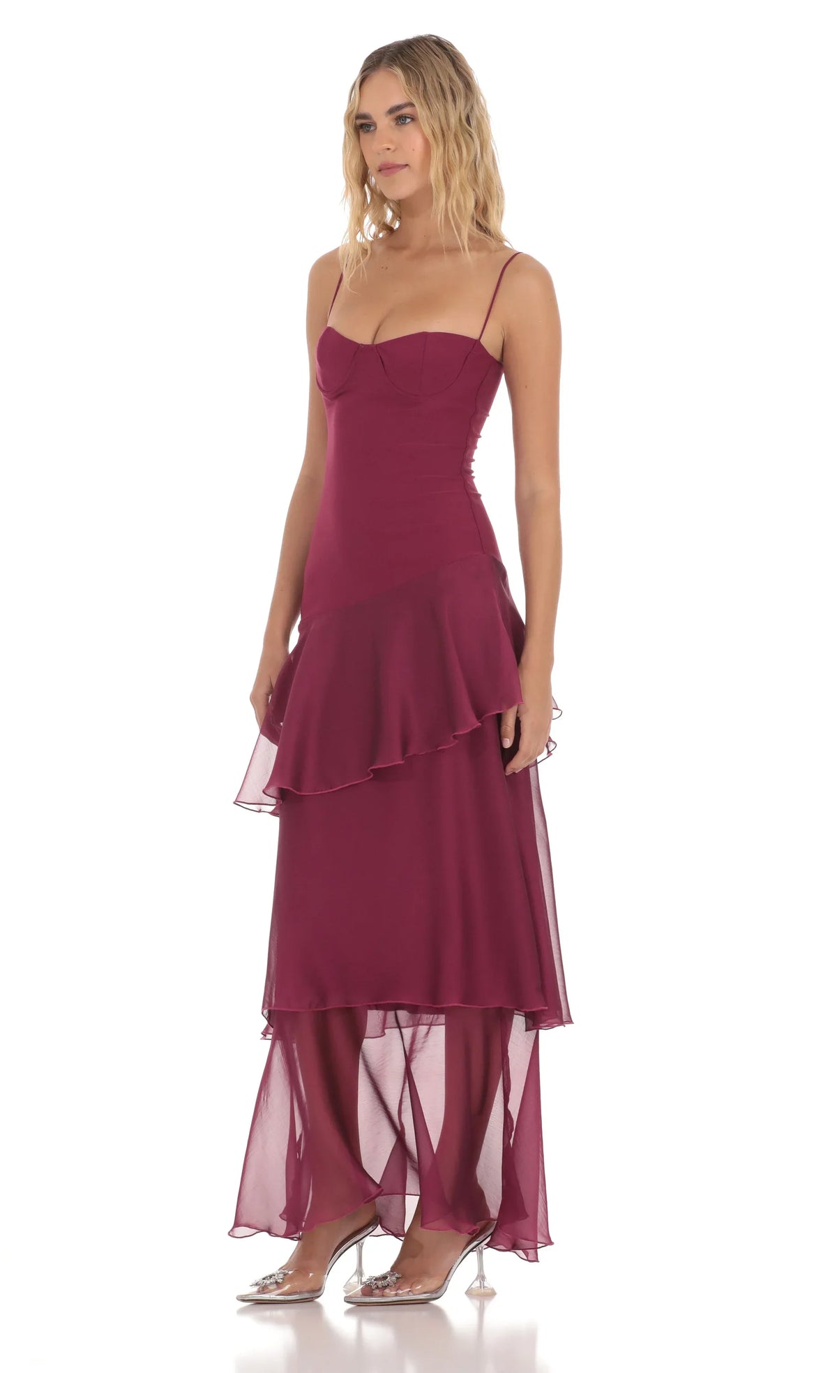 Noblessine Long Ruffle Maxi Dress in Plum