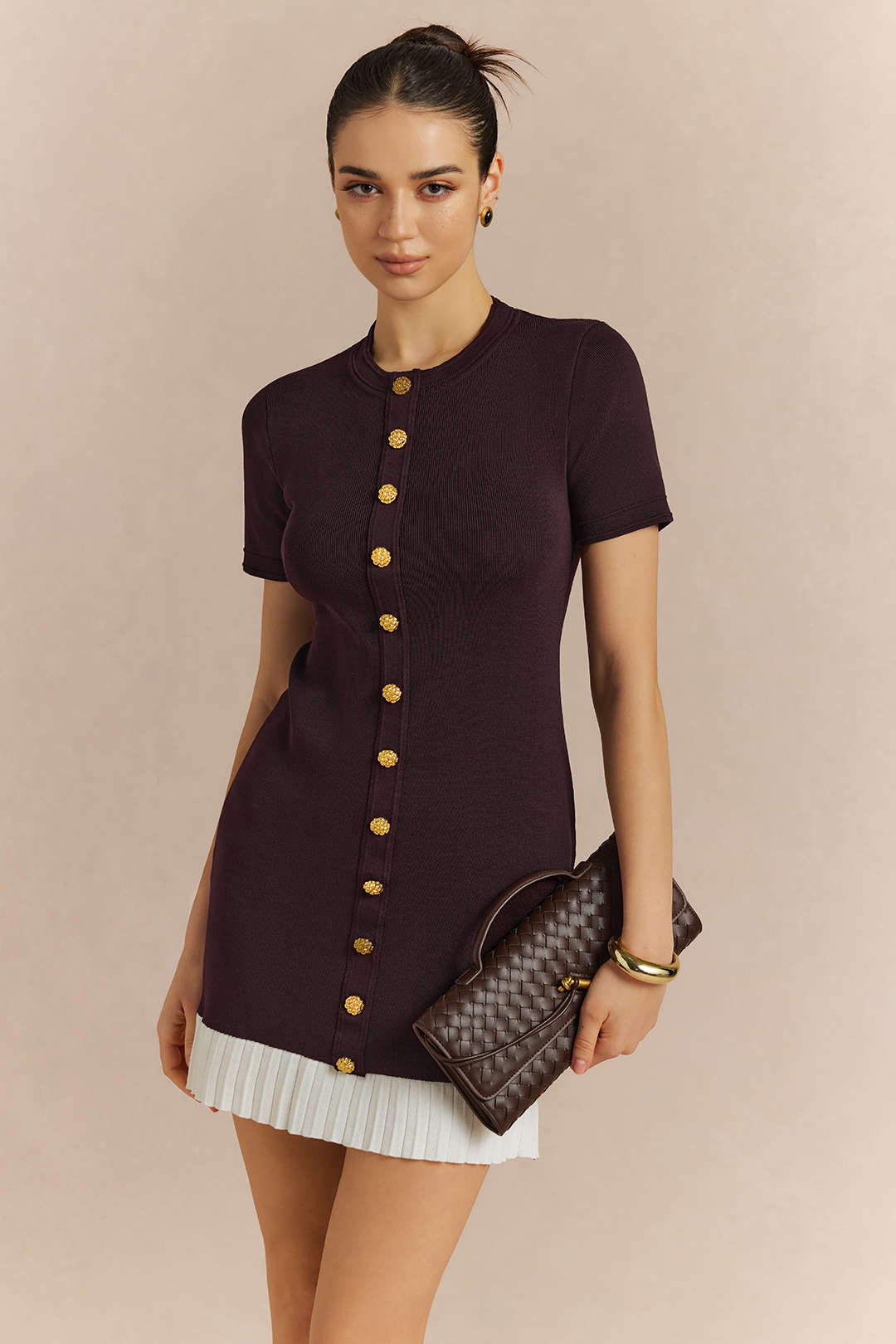 Noblessine Contrast Round Neck Metallic Button Short Sleeve Mini Dress