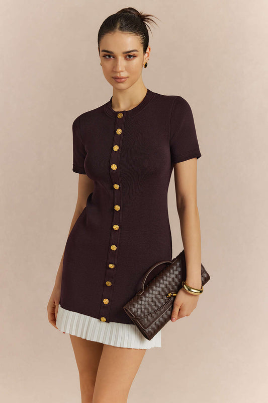 Noblessine Contrast Round Neck Metallic Button Short Sleeve Mini Dress