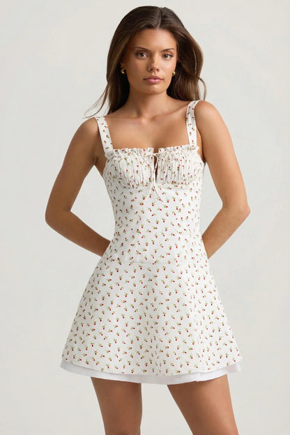 Noblessine Lace-Up Cotton-Poplin Mini Dress in Rose Print