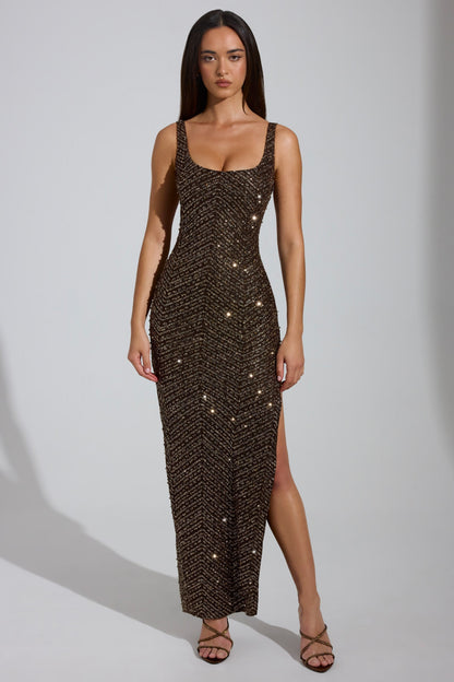 Noblessine Scoop-Neck Thigh-Split Maxi Dress in Brown