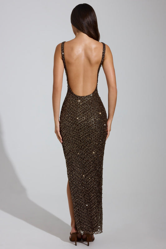 Noblessine Scoop-Neck Thigh-Split Maxi Dress in Brown