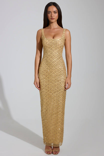 Noblessine Scoop-Neck Thigh-Split Maxi Dress in Gold