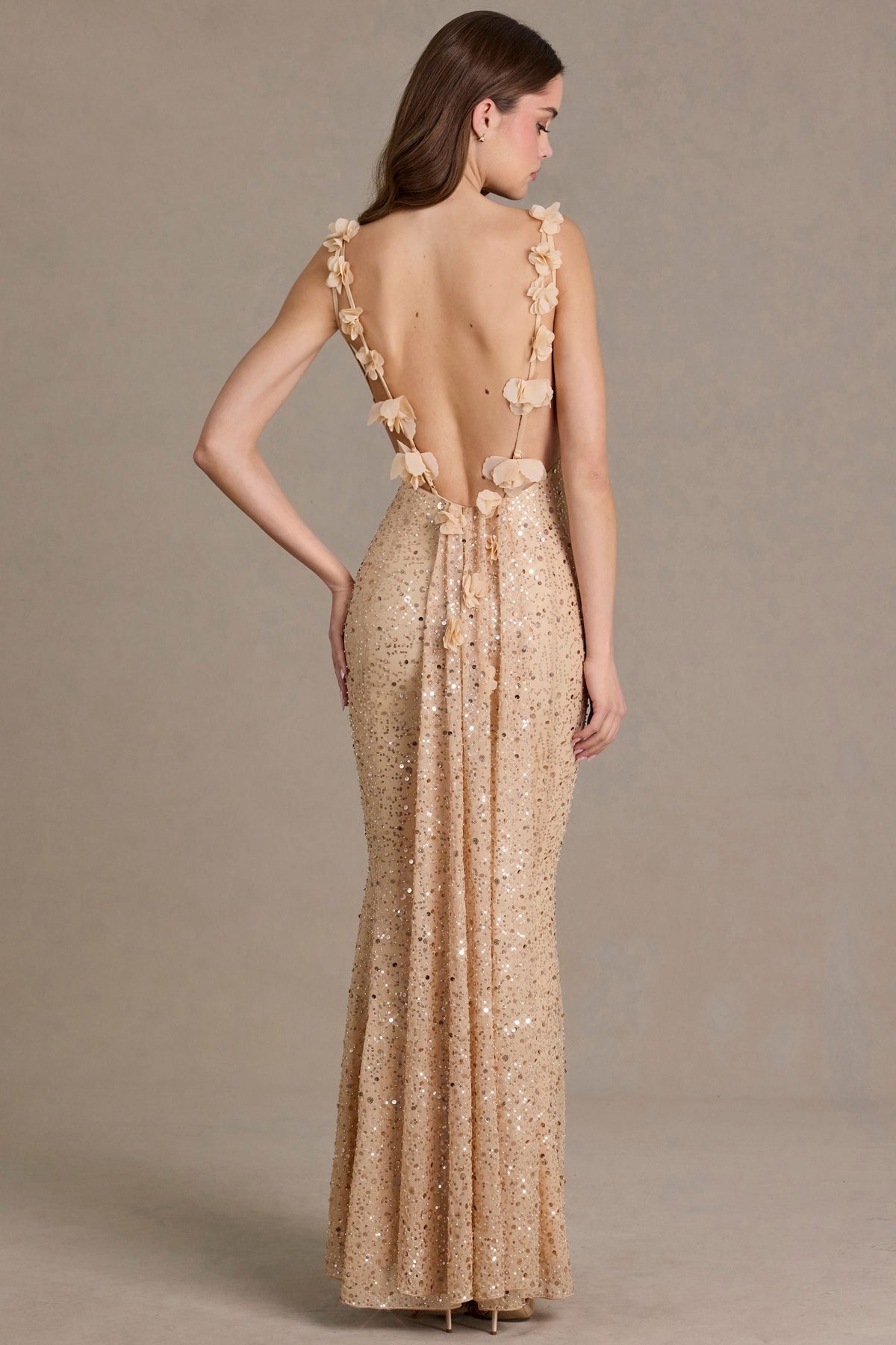 Noblessine Open-Back Maxi Dress in Gold