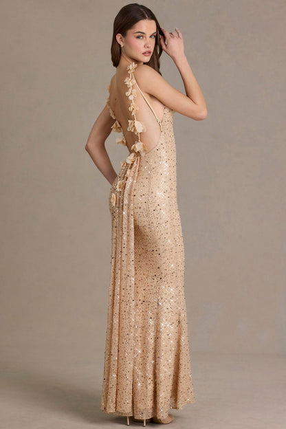 Noblessine Open-Back Maxi Dress in Gold