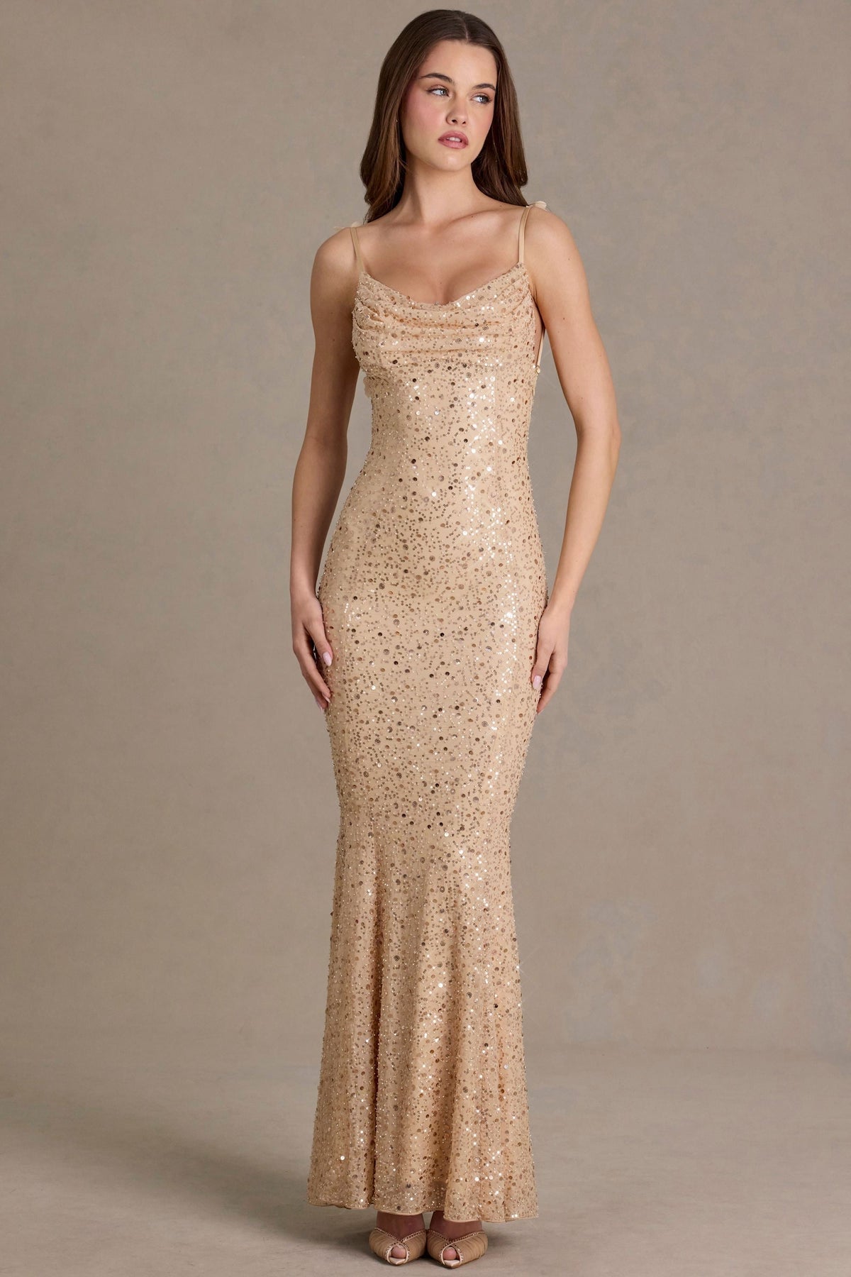 Noblessine Open-Back Maxi Dress in Gold