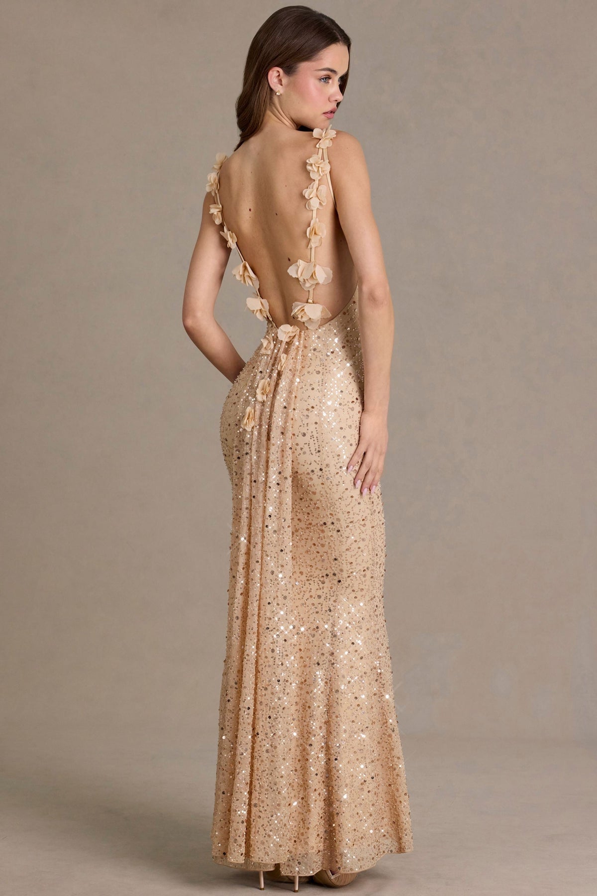 Noblessine Open-Back Maxi Dress in Gold