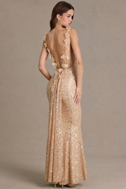 Noblessine Open-Back Maxi Dress in Gold