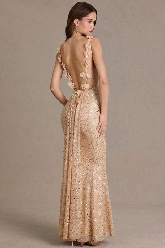 Noblessine Open-Back Maxi Dress in Gold