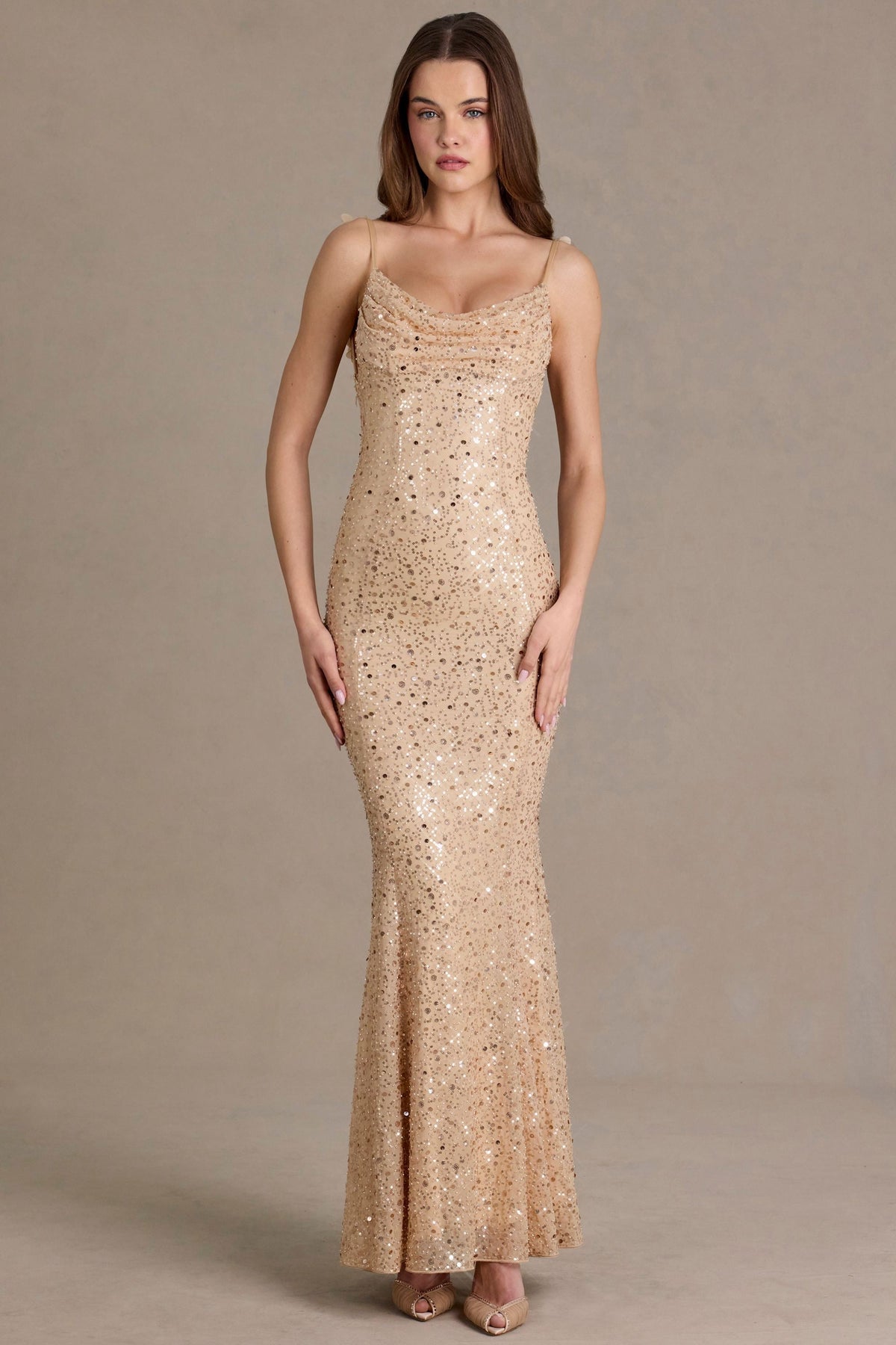 Noblessine Open-Back Maxi Dress in Gold