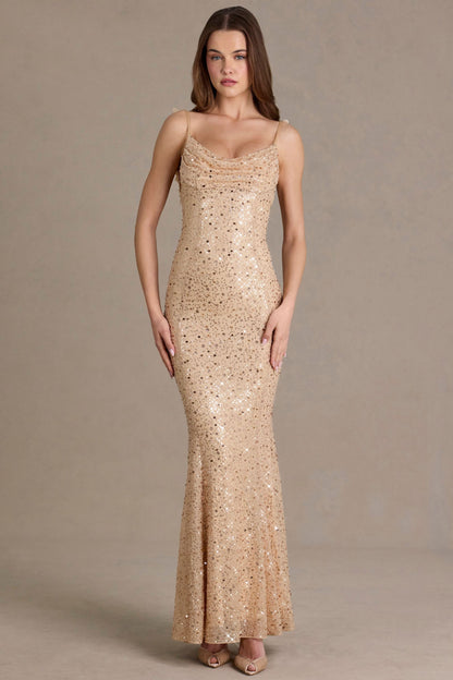 Noblessine Open-Back Maxi Dress in Gold