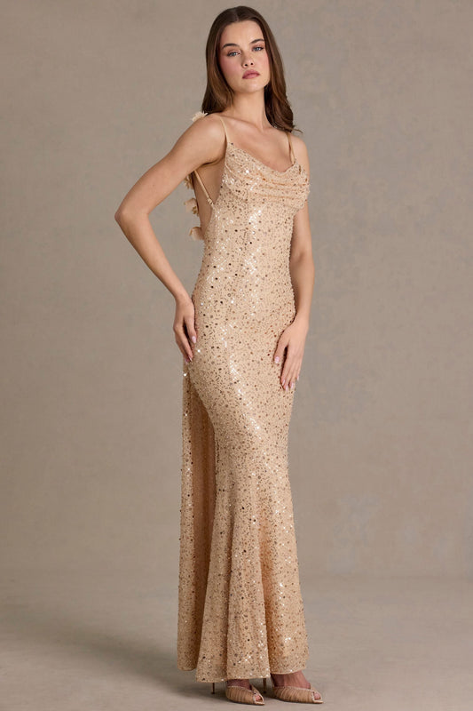 Noblessine Open-Back Maxi Dress in Gold