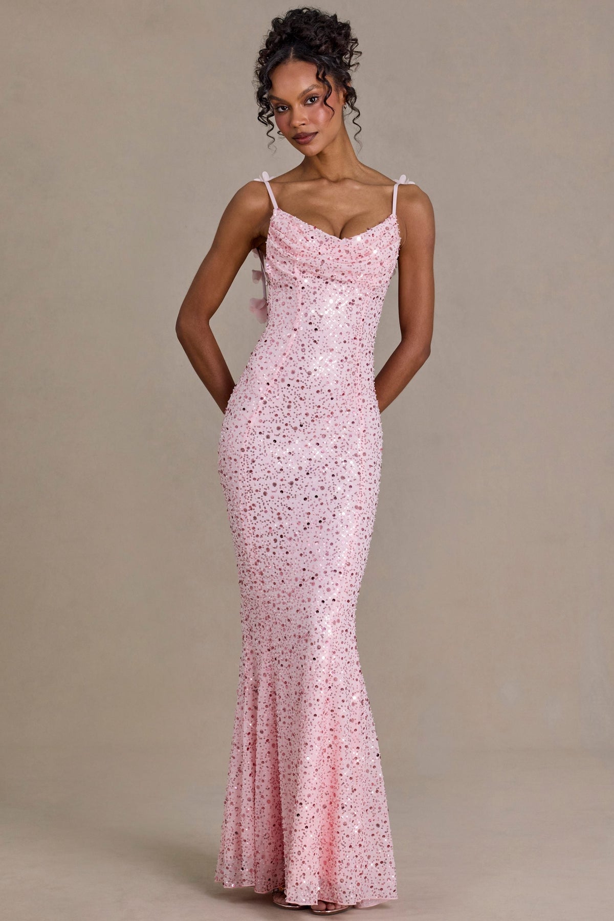 Noblessine Open-Back Maxi Dress in Baby Pink
