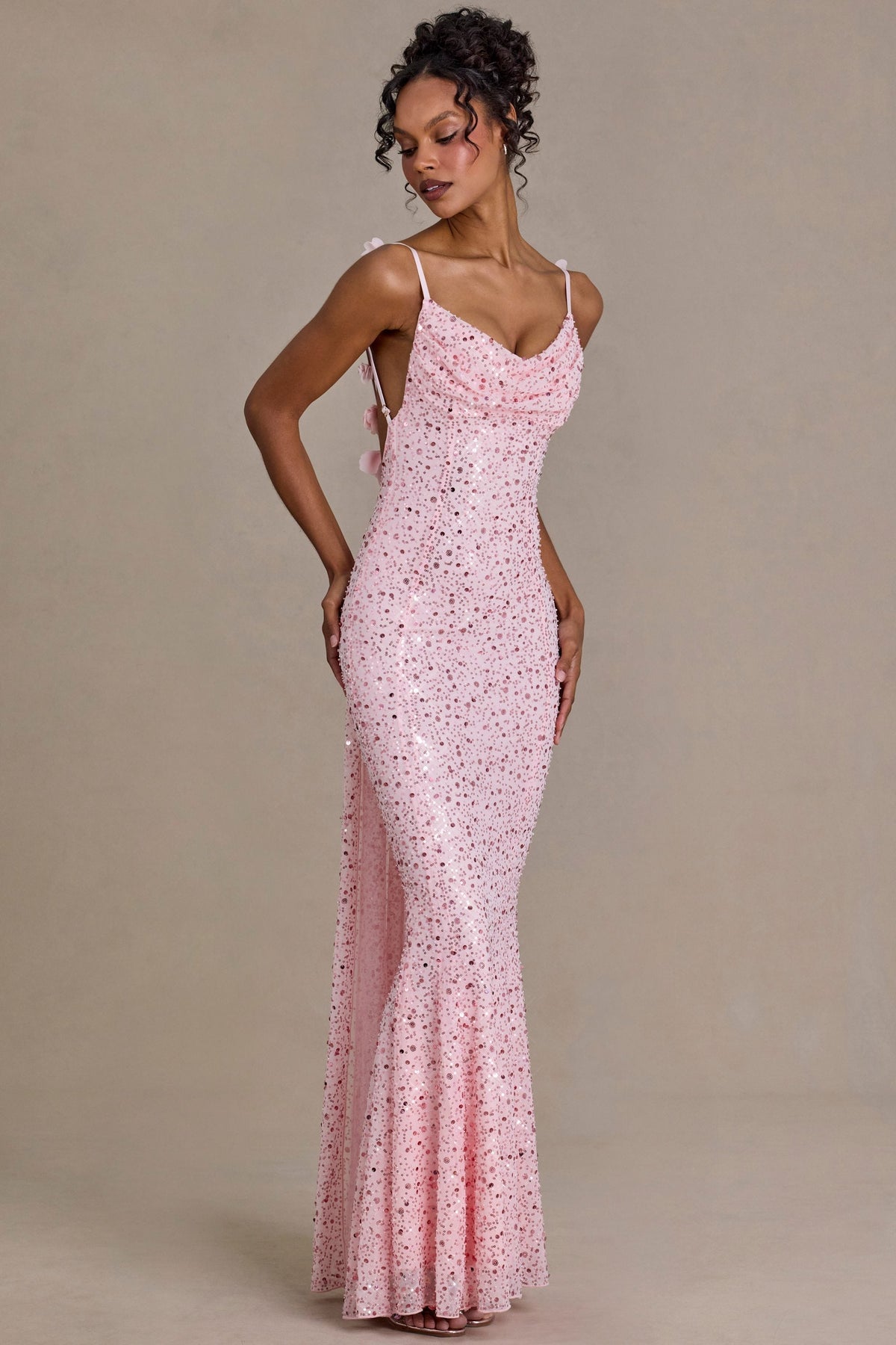 Noblessine Open-Back Maxi Dress in Baby Pink