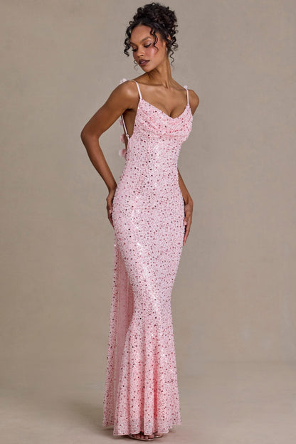 Noblessine Open-Back Maxi Dress in Baby Pink