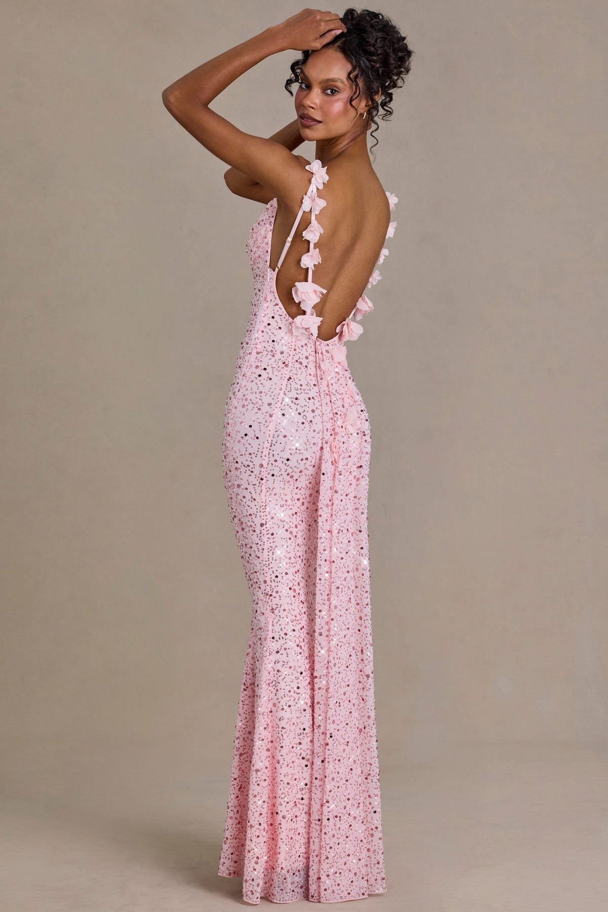 Noblessine Open-Back Maxi Dress in Baby Pink