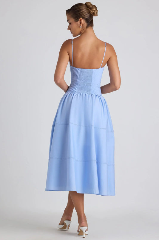 Noblessine-Lace-Trim Pintucked Poplin Midaxi Dress in Sky Blue