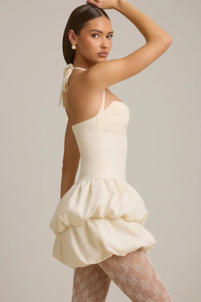Noblessine Halterneck Layered Bubble Hem Corset Mini Dress in Ivory