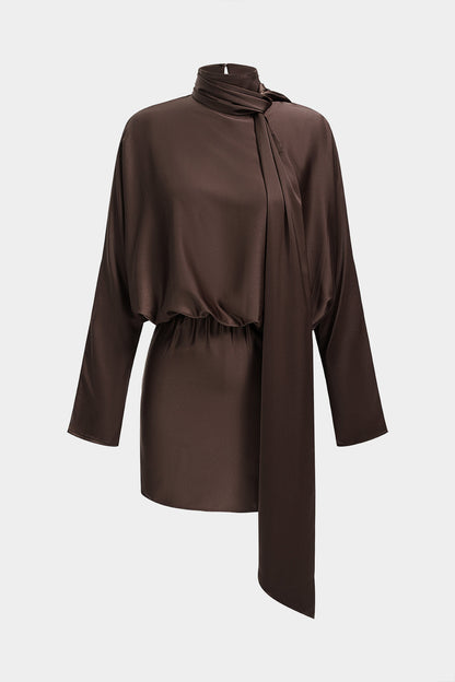 Noblessine Satin Asymmetrical Tie-Up Long Sleeve Mini Dress