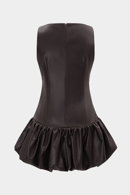 Noblessine Faux Leather Round Neck Ruched Hem Sleeveless Mini Dress