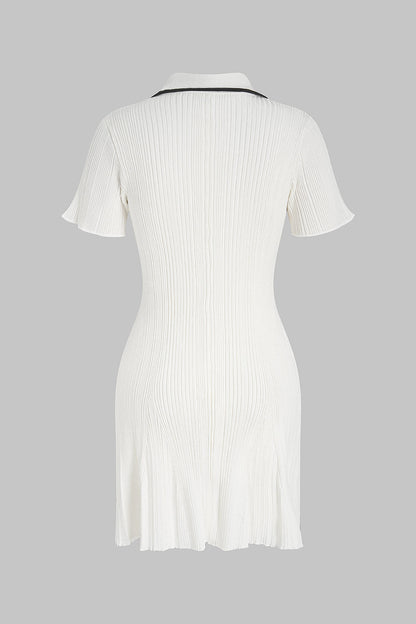 Noblessine Knit Contrast Trim Metallic Button Short Sleeve Mini Dress
