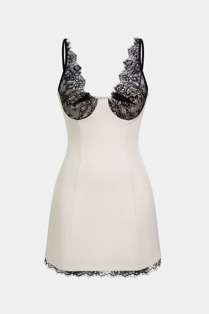 Noblessine Lace Patchwork V-Neck Slip Sleeveless Mini Dress