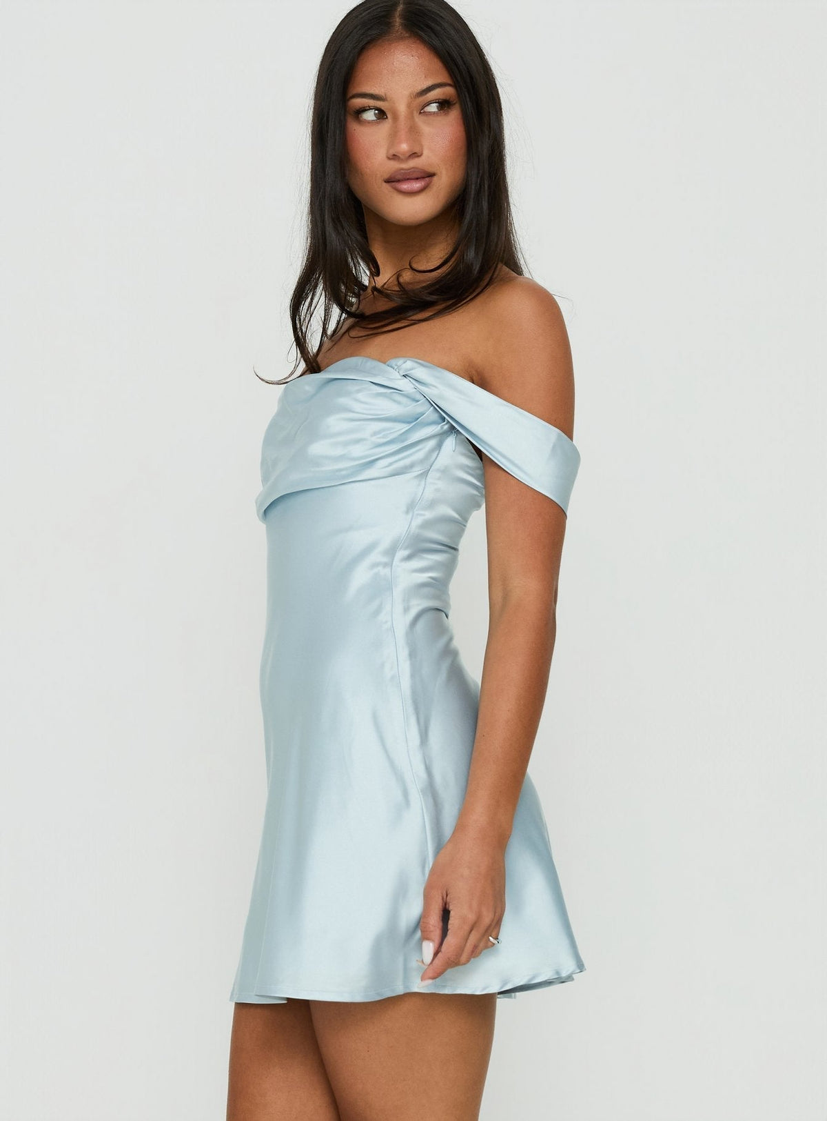 Noblessine Satin Off The Shoulder Mini Dress Blue