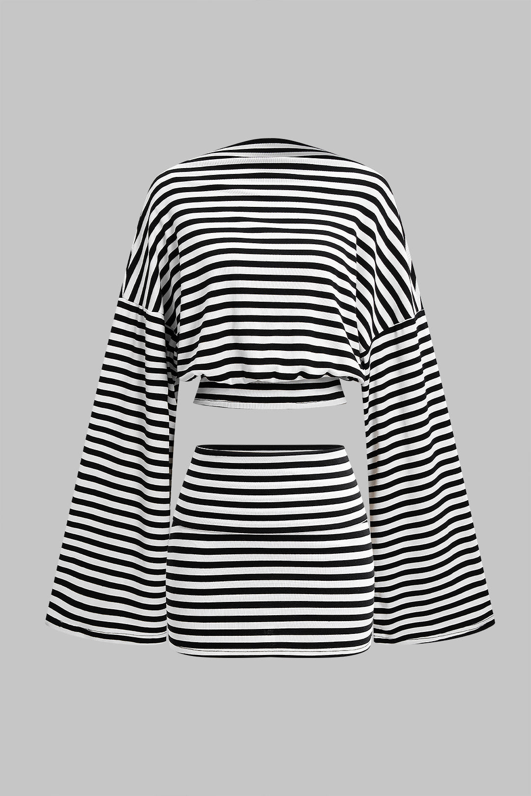Noblessine Stripes Print Bell Long-Sleeve Top And Mini Skirt Set