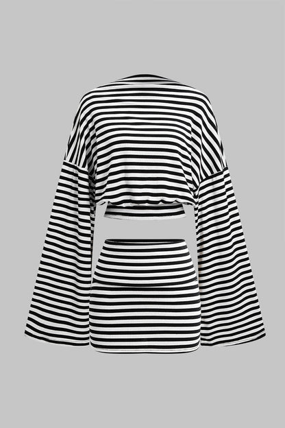 Noblessine Stripes Print Bell Long-Sleeve Top And Mini Skirt Set