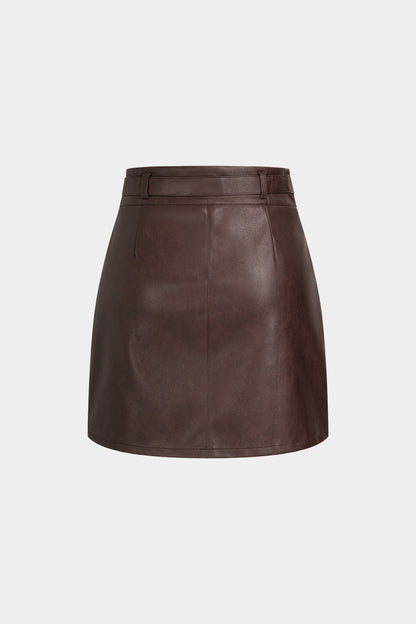 Noblessine Faux Leather Belted Mini Skirt