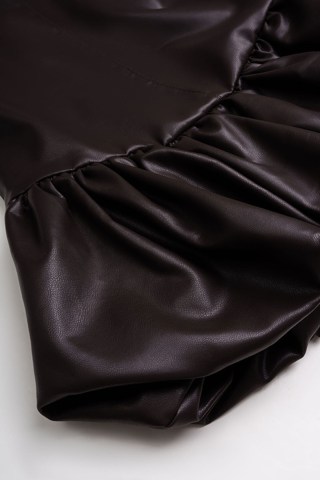 Noblessine Faux Leather Round Neck Ruched Hem Sleeveless Mini Dress