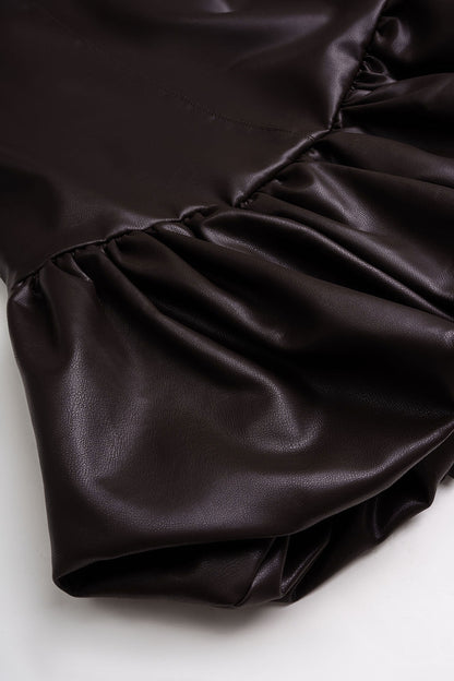 Noblessine Faux Leather Round Neck Ruched Hem Sleeveless Mini Dress